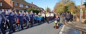 Photo of Christopher Auker-Howlett as Marshall for the 2019 Remembrance Parade to and from St. John's Church in Churchdown, Gloucestershire.
